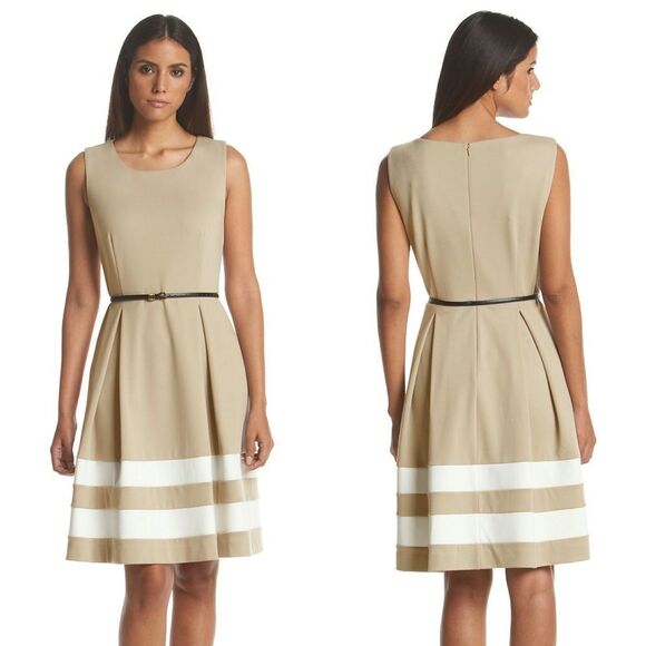 New! CALVIN KLEIN Women's Belted Ponte Knit Striped Hem Dress Color Khaki/Ivory - Picture 1 of 4